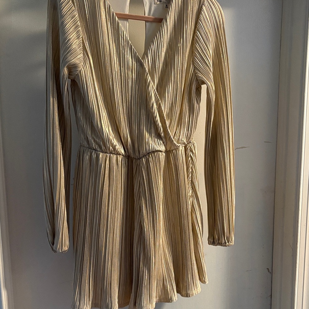 Gold Pleated Long-Sleeve Wrap Dress w/Shorts